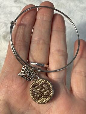 Gucci upcycled Silver-Tone Bangle with Brown Woven Disc and Heart Charm